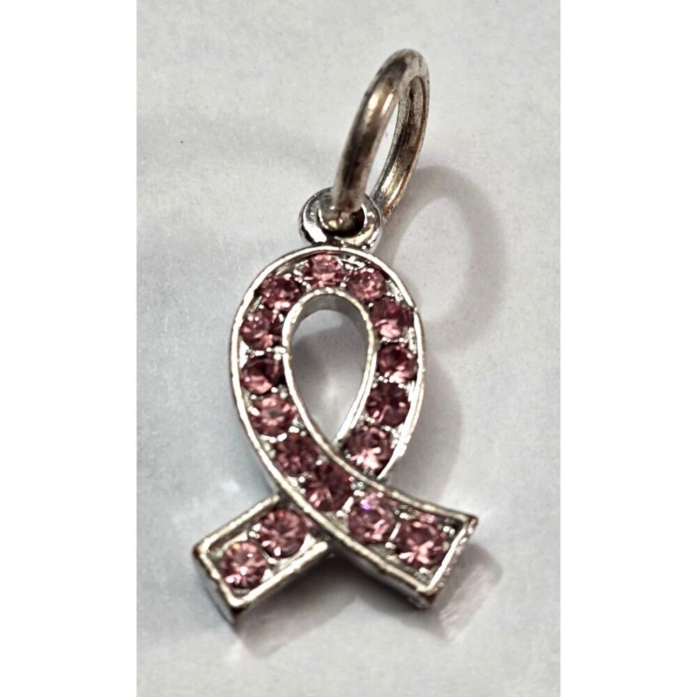 Silver Tone Pink Rhinestone Ribbon Charm Pendant Cancer Awareness Jewelry 1 1/8"